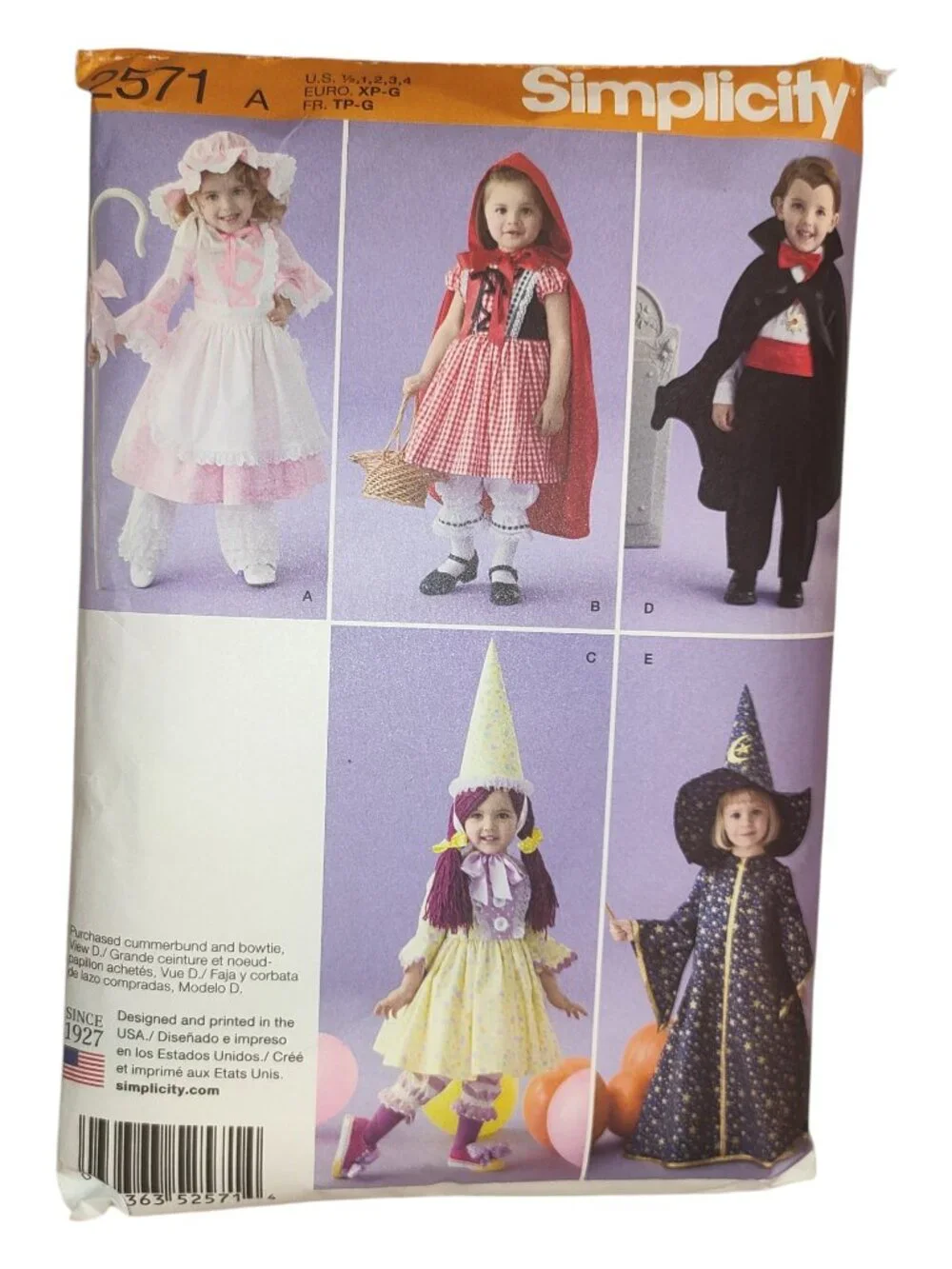 Simplicity Sewing Pattern Bo Peep/Red Riding Hood/Dracula/Witch/Clown Sz 1/2-4